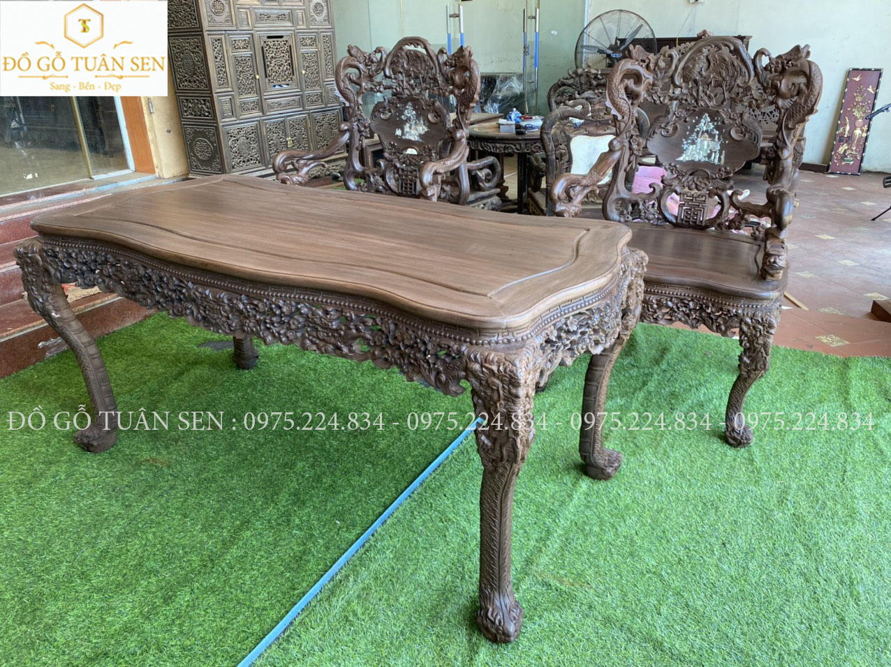 Hình ảnh bộ bàn ghế khánh rồng gỗ gụ 7 món